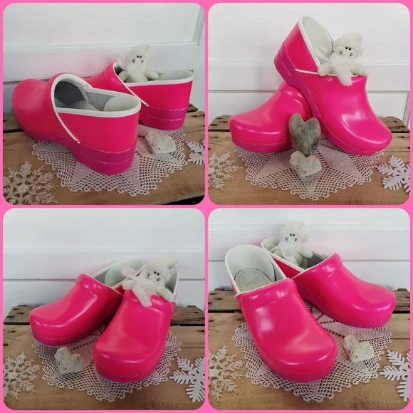 Neon Bunny Pink Dansko Pro Clogs Leather Bright Boho Cottage Spirited Festive 38 - Picture 3 of 12